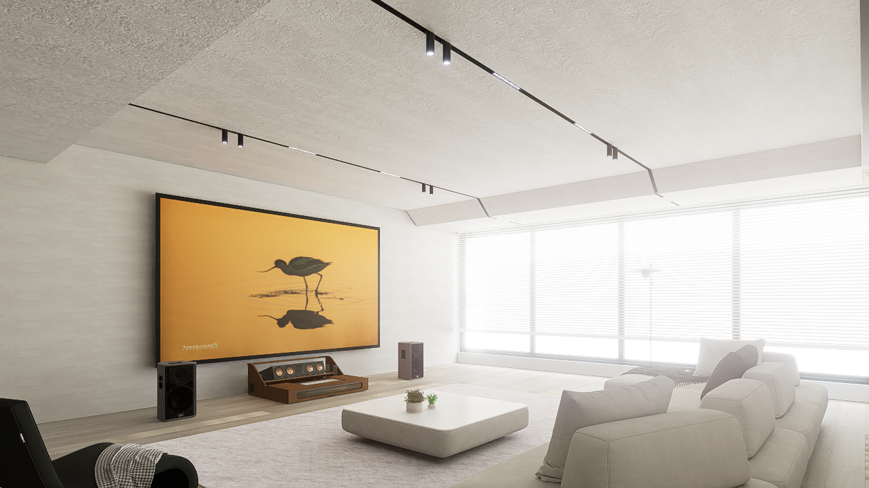 Ultra Low Profile Core Sierra walnut Cabinet designed for integrating Ultra Short Throw Projector,Center Channel and 150" Fixed screen with elegant doors.