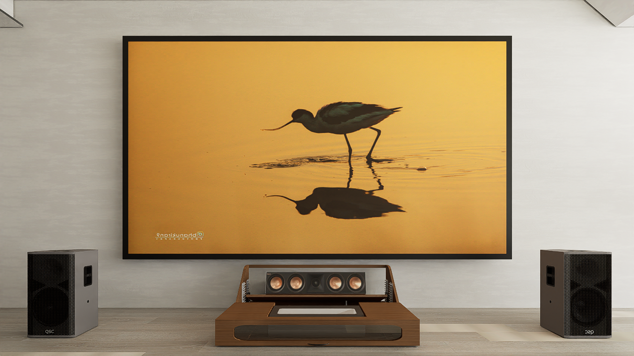 Ultra Low Profile Core Sierra walnut Cabinet designed for integrating Ultra Short Throw Projector,Center Channel and 150" Fixed screen with elegant doors.