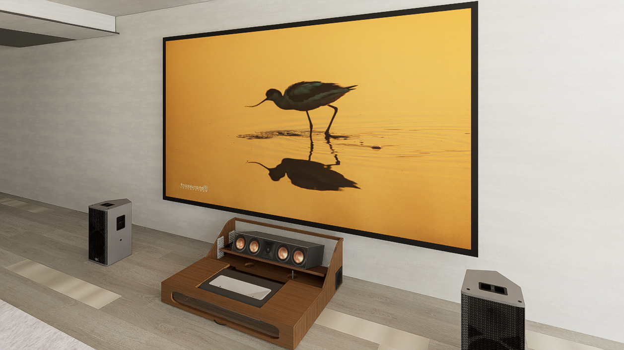 Ultra Low Profile Core Sierra walnut Cabinet designed for integrating Ultra Short Throw Projector,Center Channel and 150" Fixed screen with elegant doors.