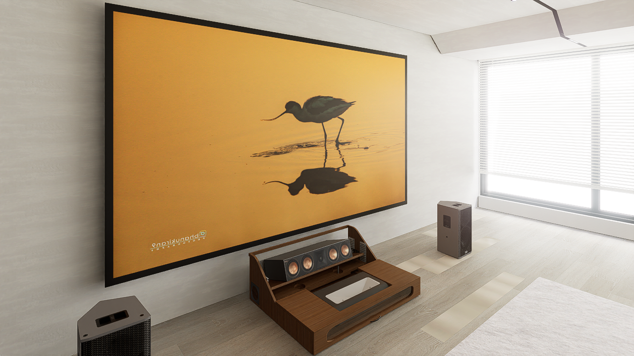 Ultra Low Profile Core Sierra walnut Cabinet designed for integrating Ultra Short Throw Projector,Center Channel and 150" Fixed screen with elegant doors.