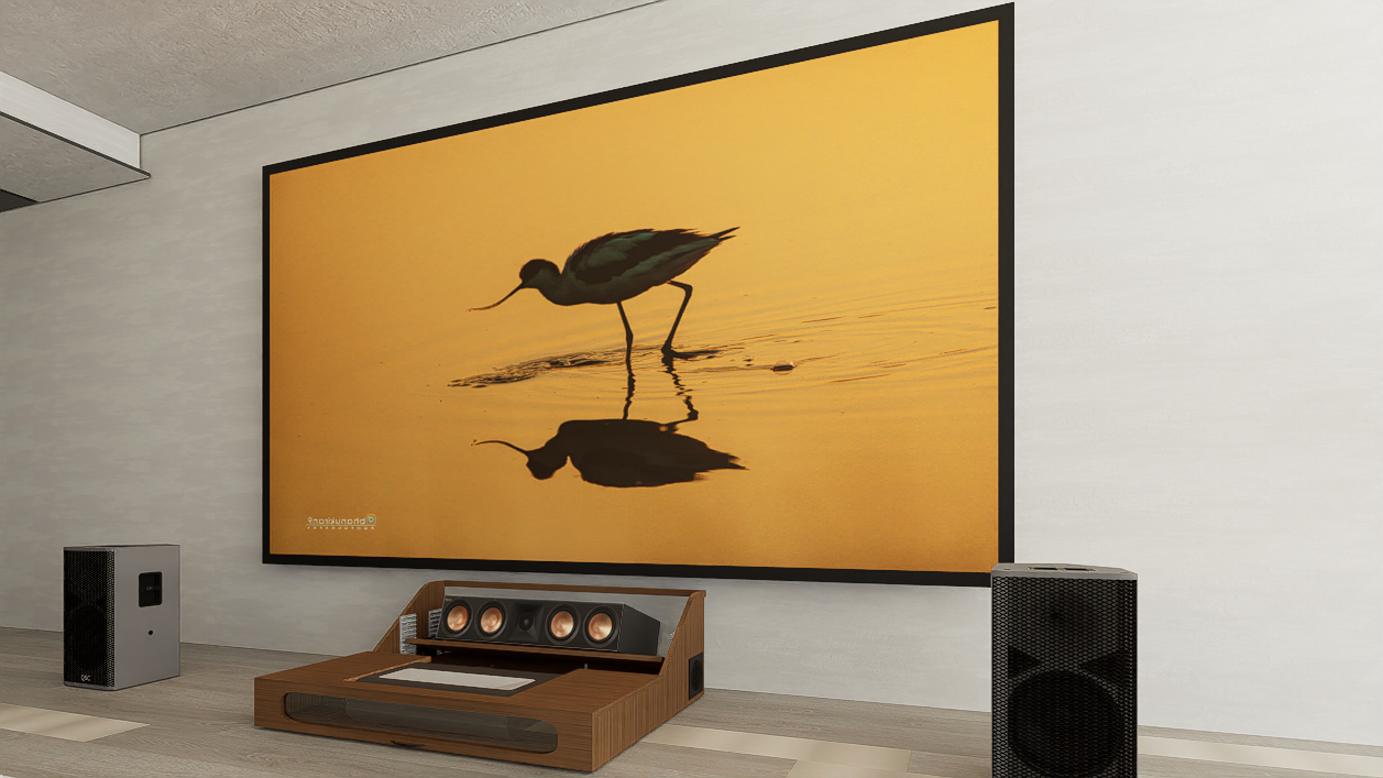 Ultra Low Profile Core Sierra walnut Cabinet designed for integrating Ultra Short Throw Projector,Center Channel and 150" Fixed screen with elegant doors.