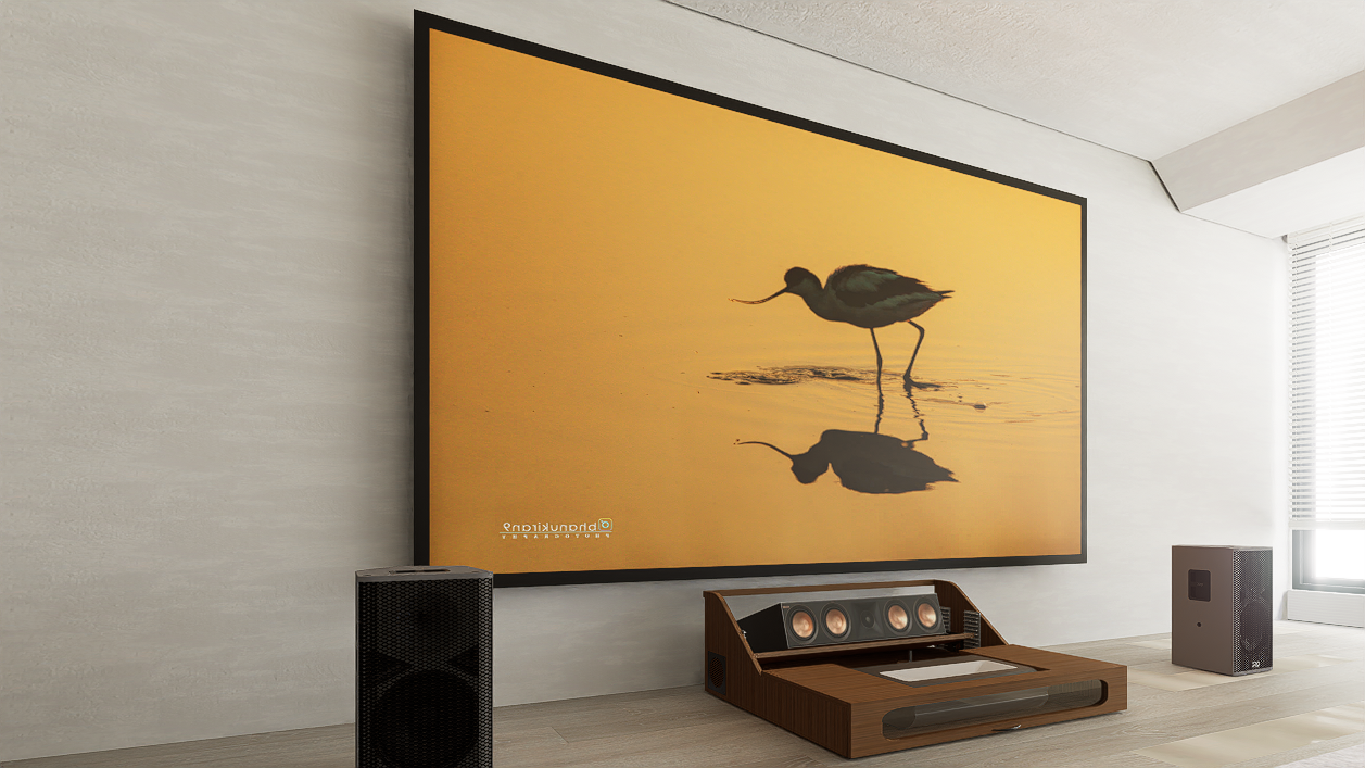 Ultra Low Profile Core Sierra walnut Cabinet designed for integrating Ultra Short Throw Projector,Center Channel and 150" Fixed screen with elegant doors.