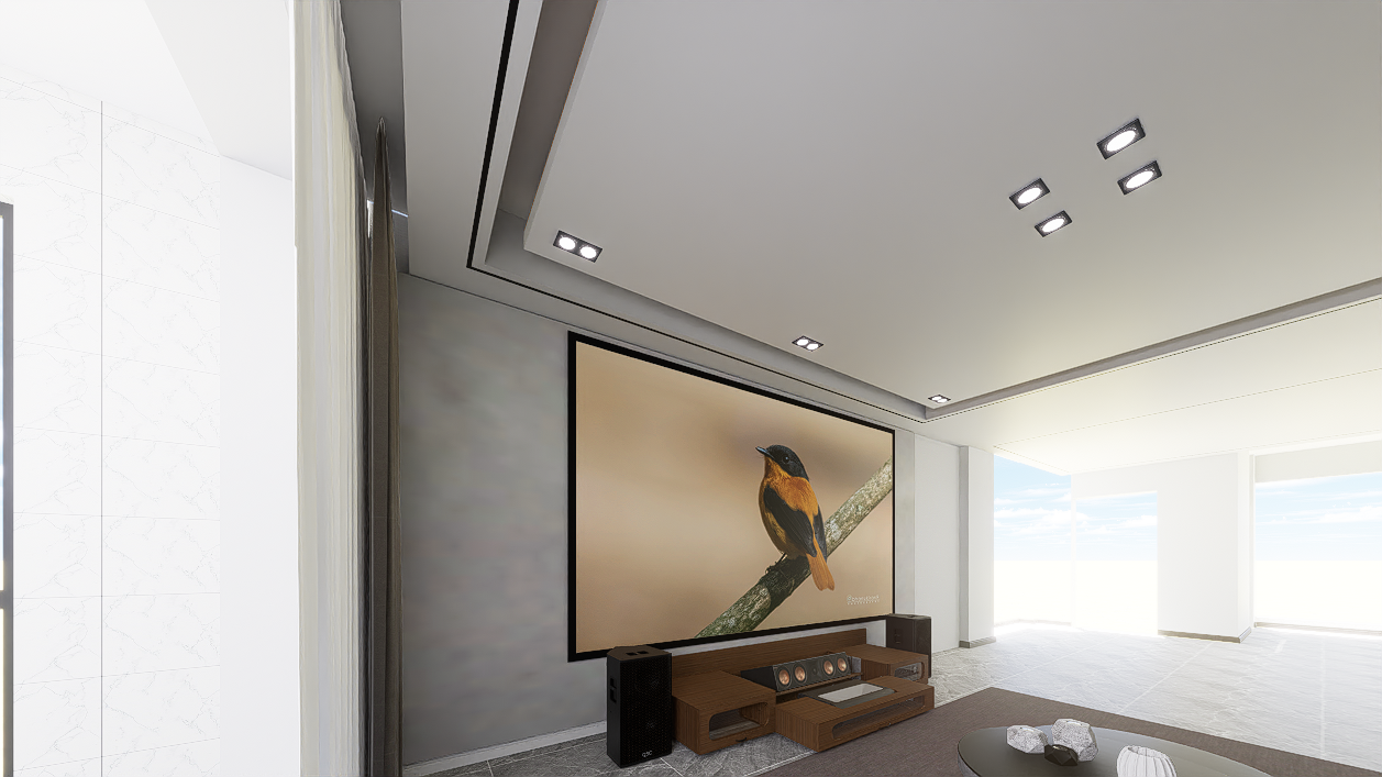 Ultra Low Profile Sierra walnut Cabinet designed for integrating Ultra Short Throw Projector,Center Channel and 150" Fixed screen with elegant doors.