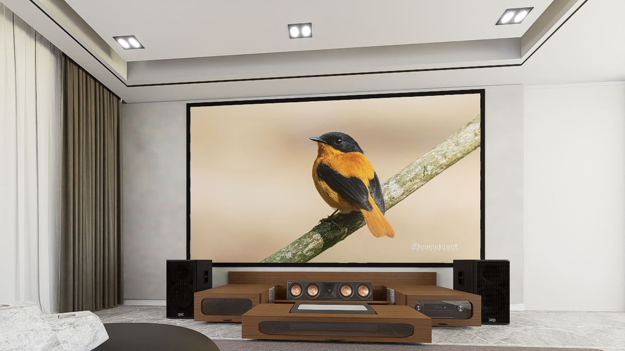 Ultra Low Profile Sierra walnut Cabinet designed for integrating Ultra Short Throw Projector,Center Channel and 150" Fixed screen with elegant doors.
