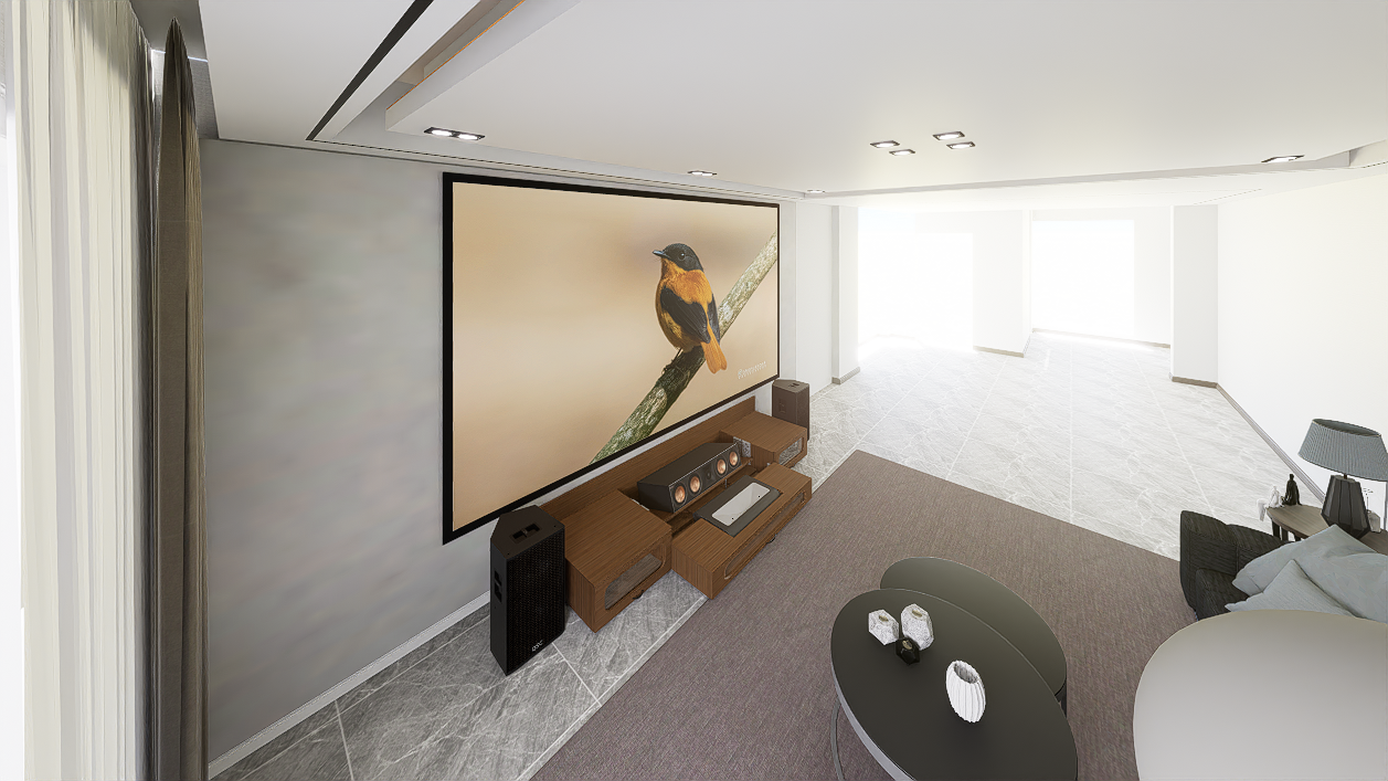 Ultra Low Profile Sierra walnut Cabinet designed for integrating Ultra Short Throw Projector,Center Channel and 150" Fixed screen with elegant doors.