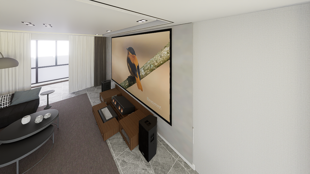Ultra Low Profile Sierra walnut Cabinet designed for integrating Ultra Short Throw Projector,Center Channel and 150" Fixed screen with elegant doors.