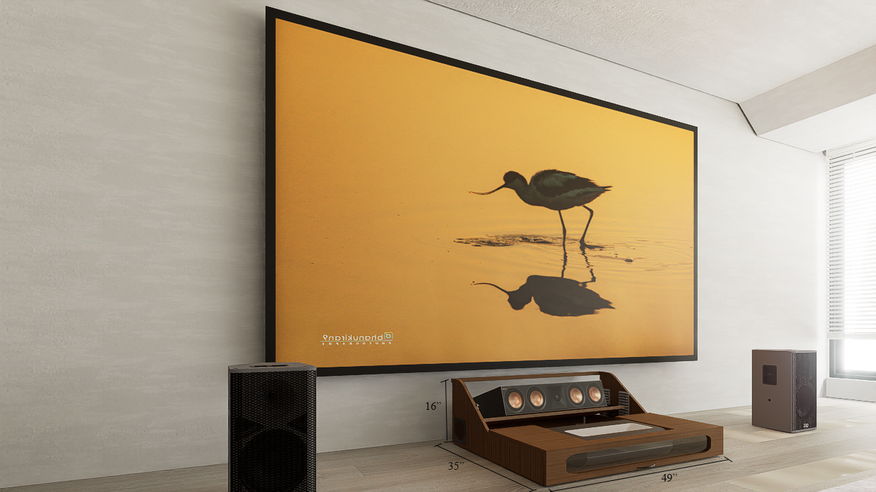 Ultra Low Profile Core Sierra walnut Cabinet designed for integrating Ultra Short Throw Projector,Center Channel and 150" Fixed screen with elegant doors.