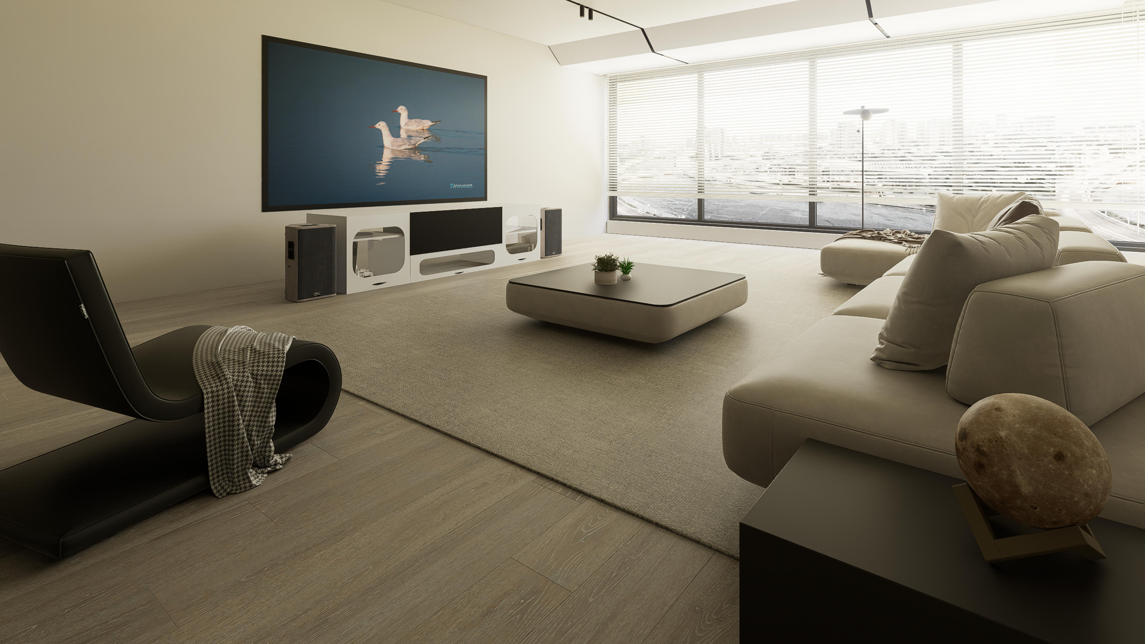 High Profile White Cabinet designed for integrating Ultra Short Throw Projector,Center Channel and Fixed screen with elegant doors.