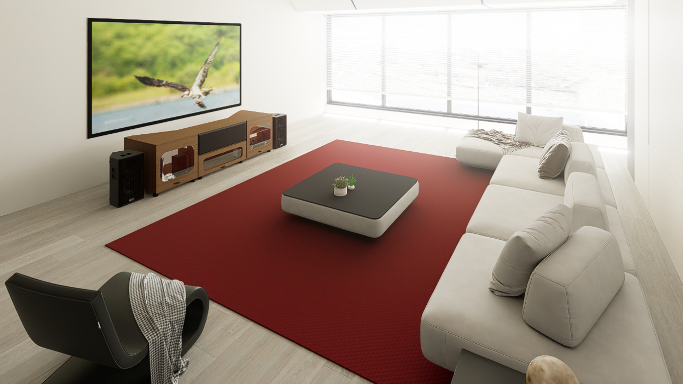 High Profile Sierra walnut Cabinet designed for integrating Ultra Short Throw Projector,Center Channel and Fixed screen with elegant doors.