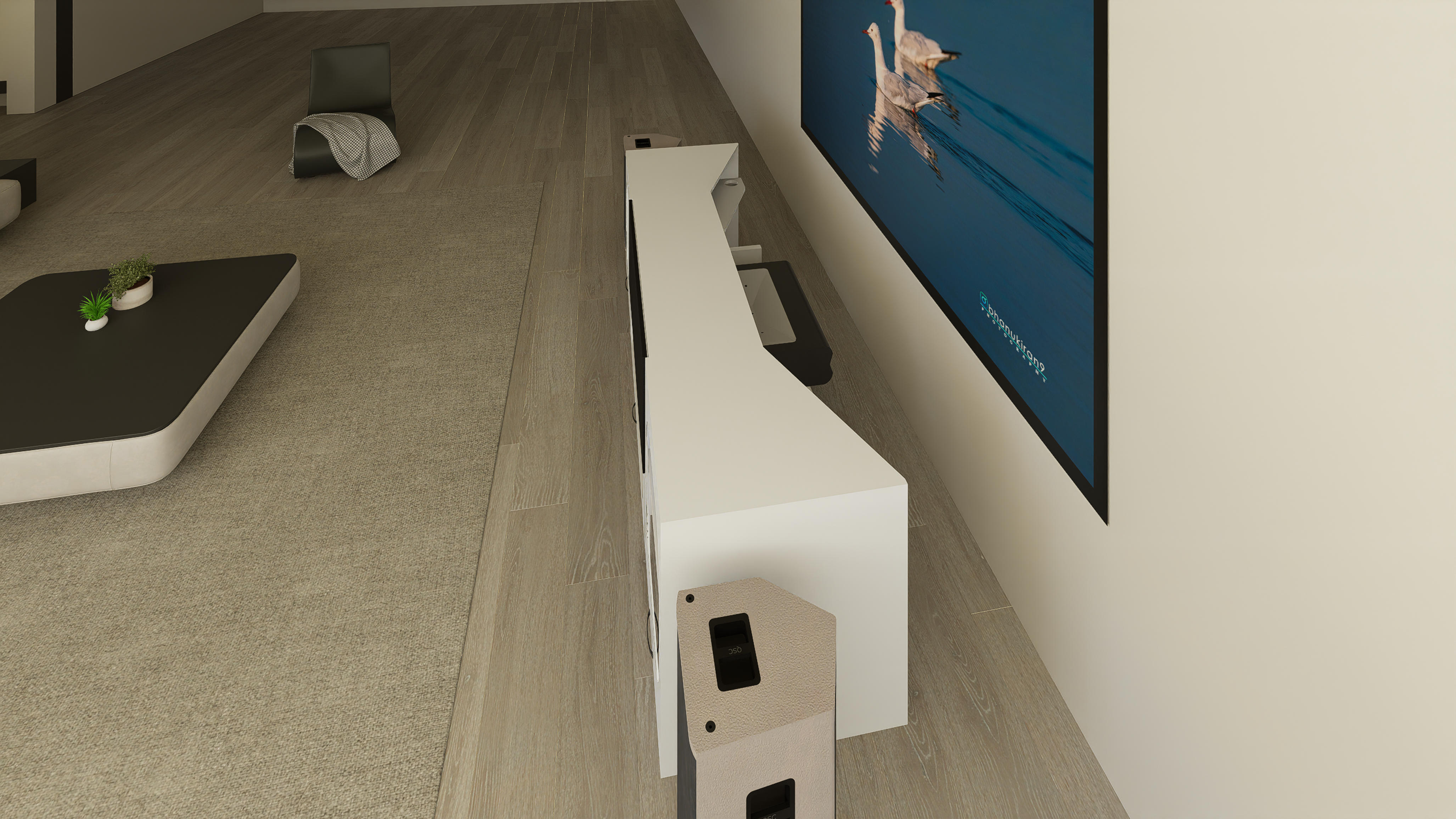 High Profile White Cabinet designed for integrating Ultra Short Throw Projector,Center Channel and Fixed screen with elegant doors.