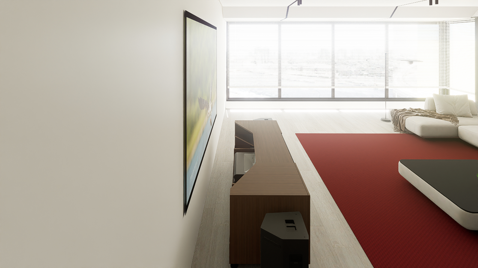 High Profile Sierra walnut Cabinet designed for integrating Ultra Short Throw Projector,Center Channel and Fixed screen with elegant doors.