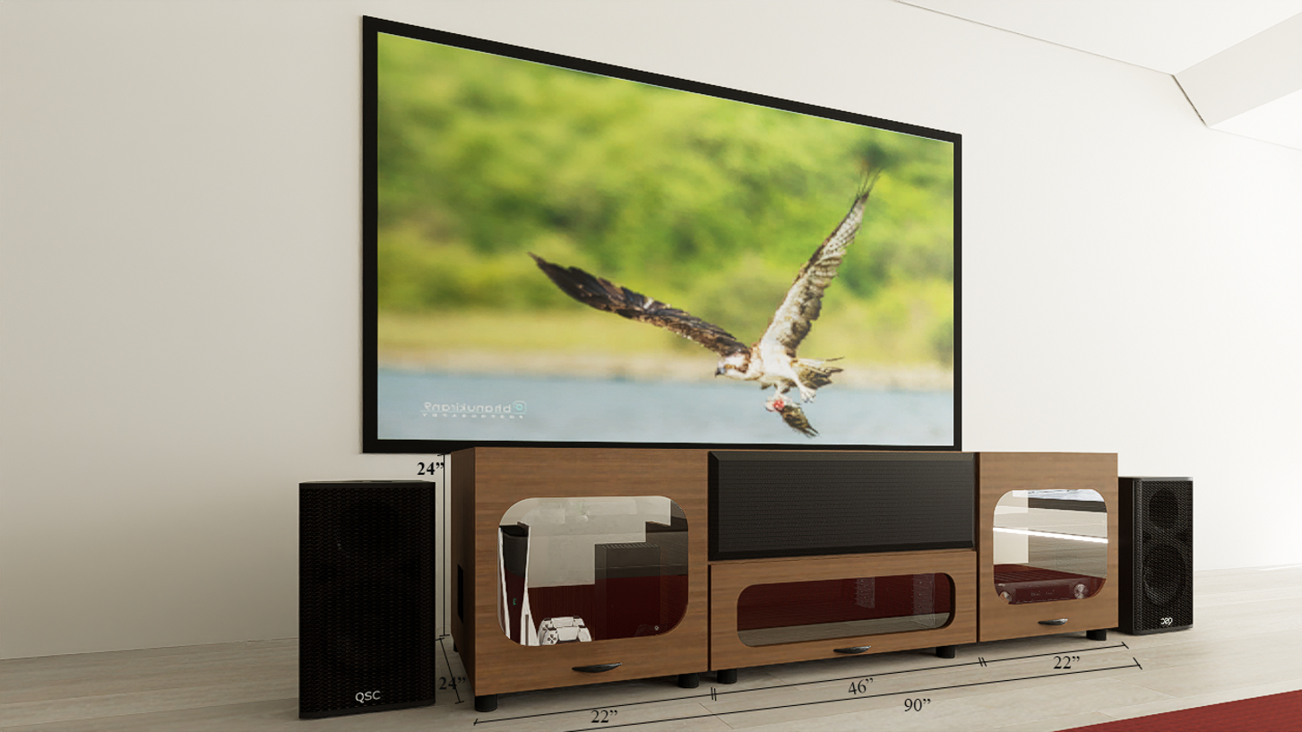 High Profile Sierra walnut Cabinet designed for integrating Ultra Short Throw Projector,Center Channel and Fixed screen with elegant doors.