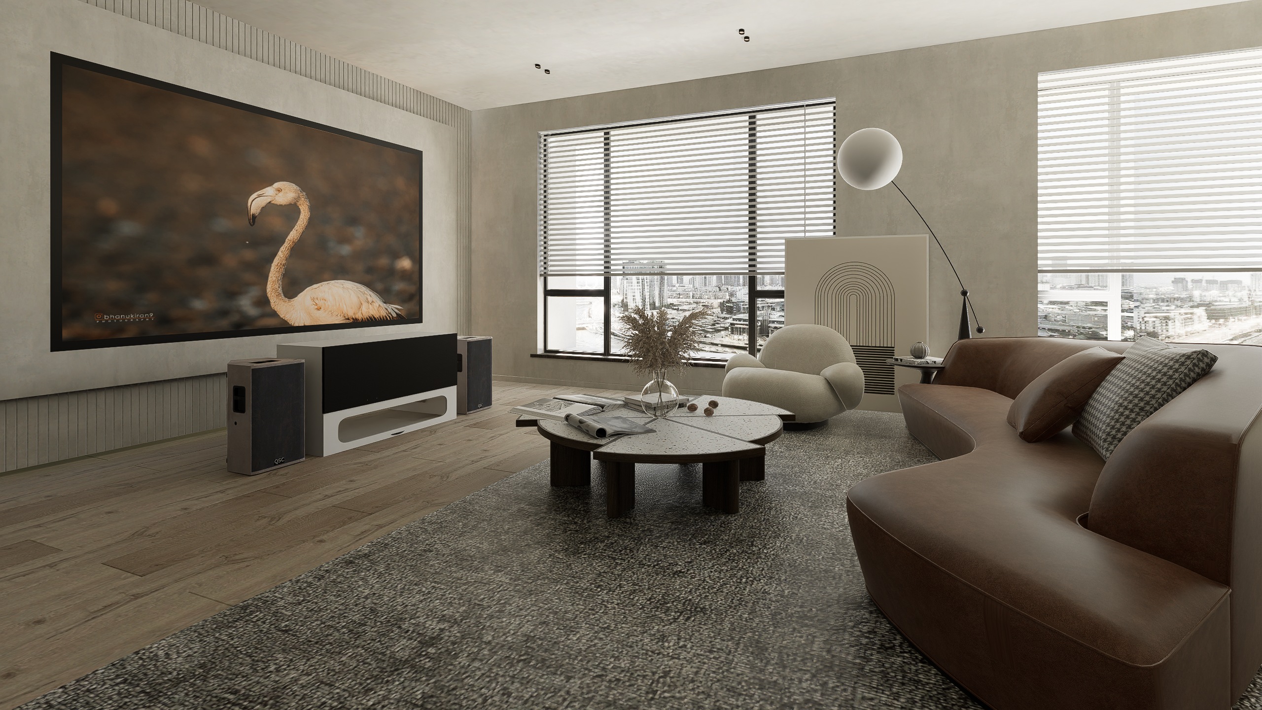 High Profile Core White Cabinet designed for integrating Ultra Short Throw Projector,Center Channel and Fixed screen with elegant doors.