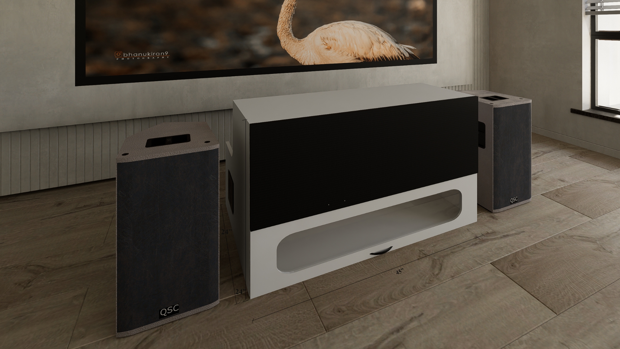 High Profile Core White Cabinet designed for integrating Ultra Short Throw Projector,Center Channel and Fixed screen with elegant doors.