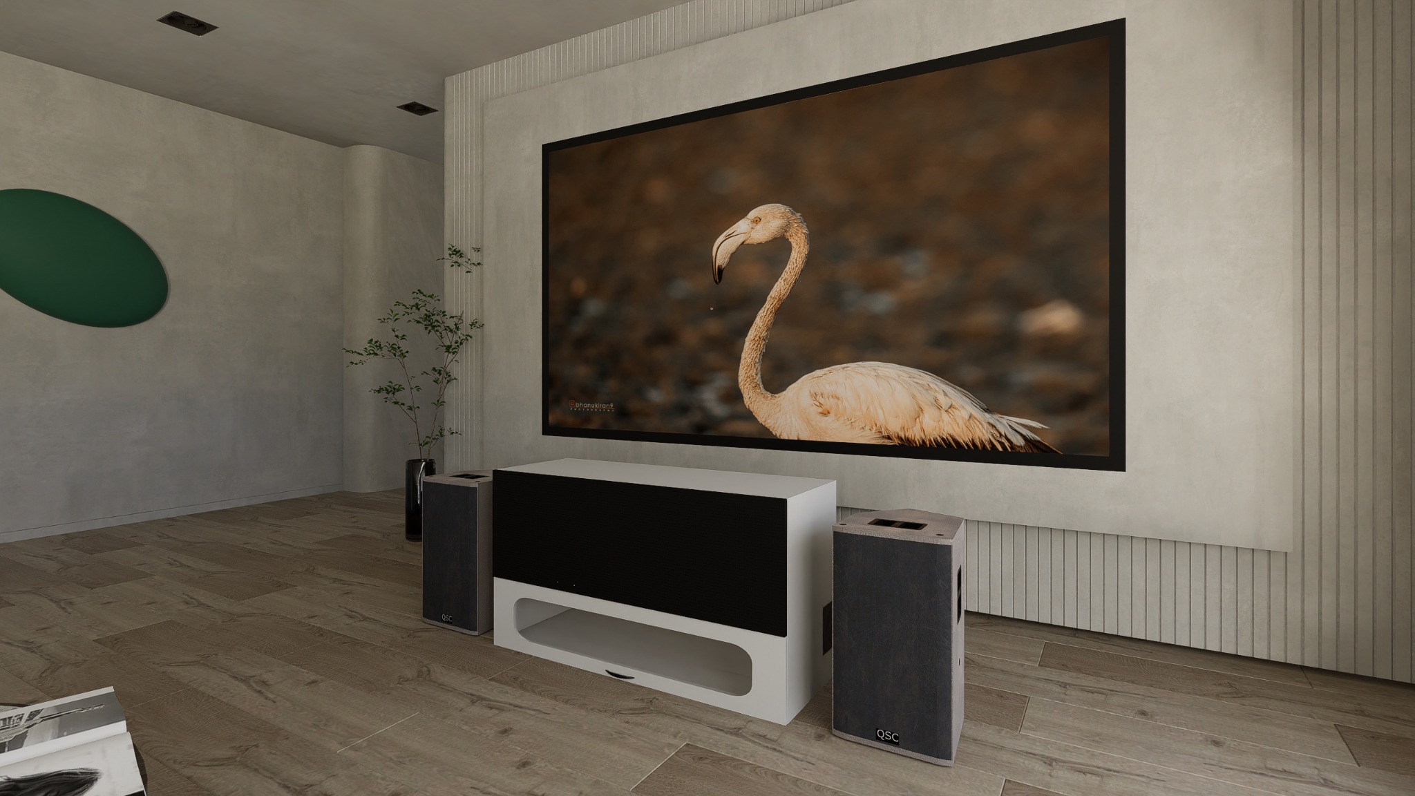 High Profile Core White Cabinet designed for integrating Ultra Short Throw Projector,Center Channel and Fixed screen with elegant doors.