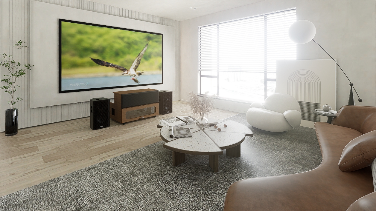 High Profile Core Sierra walnut Cabinet designed for integrating Ultra Short Throw Projector,Center Channel and Fixed screen with elegant doors.