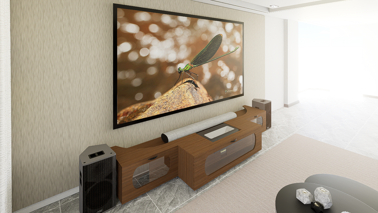 High Profile Sierra walnut Cabinet designed for integrating Ultra Short Throw Projector,Center Channel and 120" Fixed screen with elegant doors.