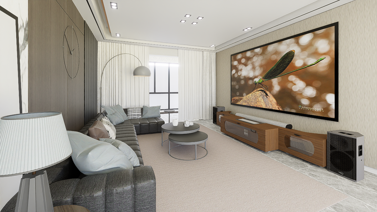 High Profile Sierra walnut Cabinet designed for integrating Ultra Short Throw Projector,Center Channel and 120" Fixed screen with elegant doors.