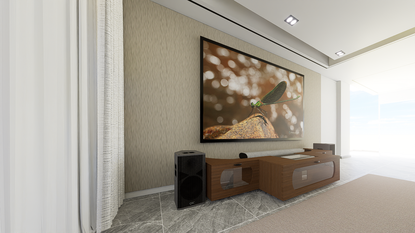 High Profile Sierra walnut Cabinet designed for integrating Ultra Short Throw Projector,Center Channel and 120" Fixed screen with elegant doors.