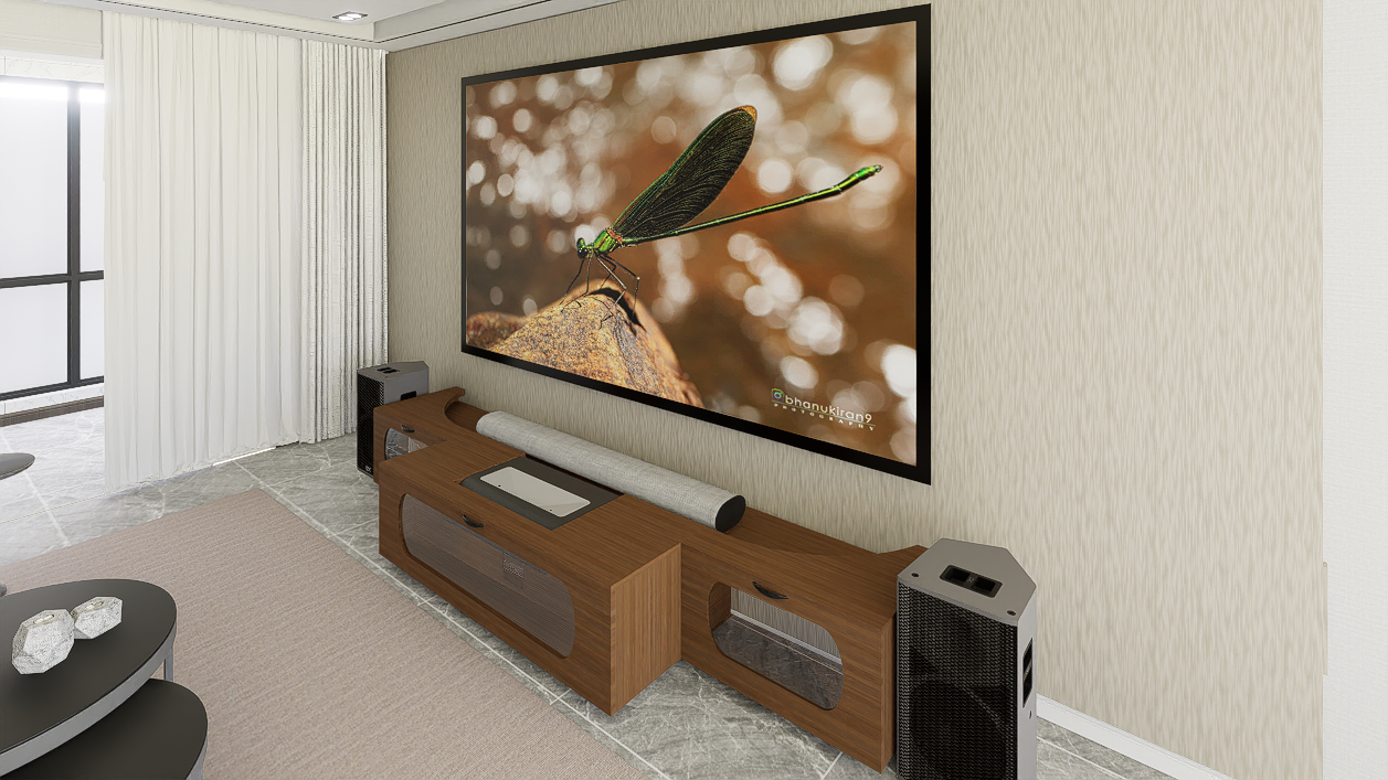 High Profile Sierra walnut Cabinet designed for integrating Ultra Short Throw Projector,Center Channel and 120" Fixed screen with elegant doors.
