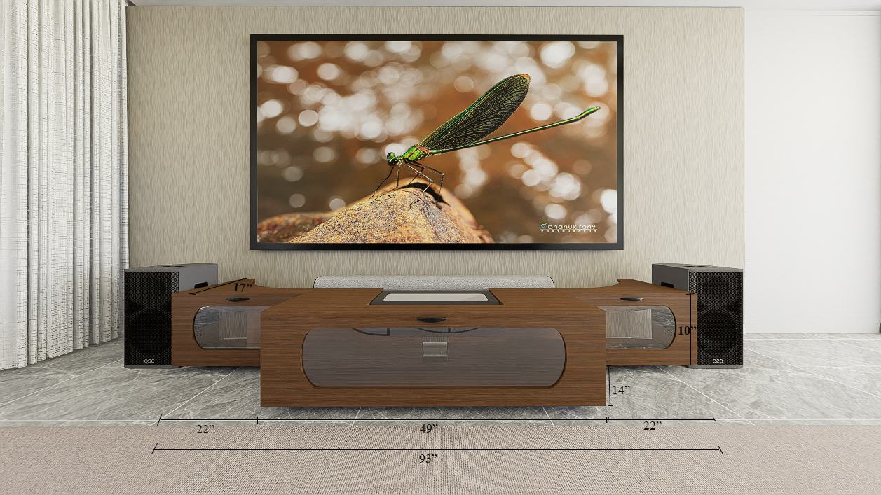 High Profile Sierra walnut Cabinet designed for integrating Ultra Short Throw Projector,Center Channel and 120" Fixed screen with elegant doors.