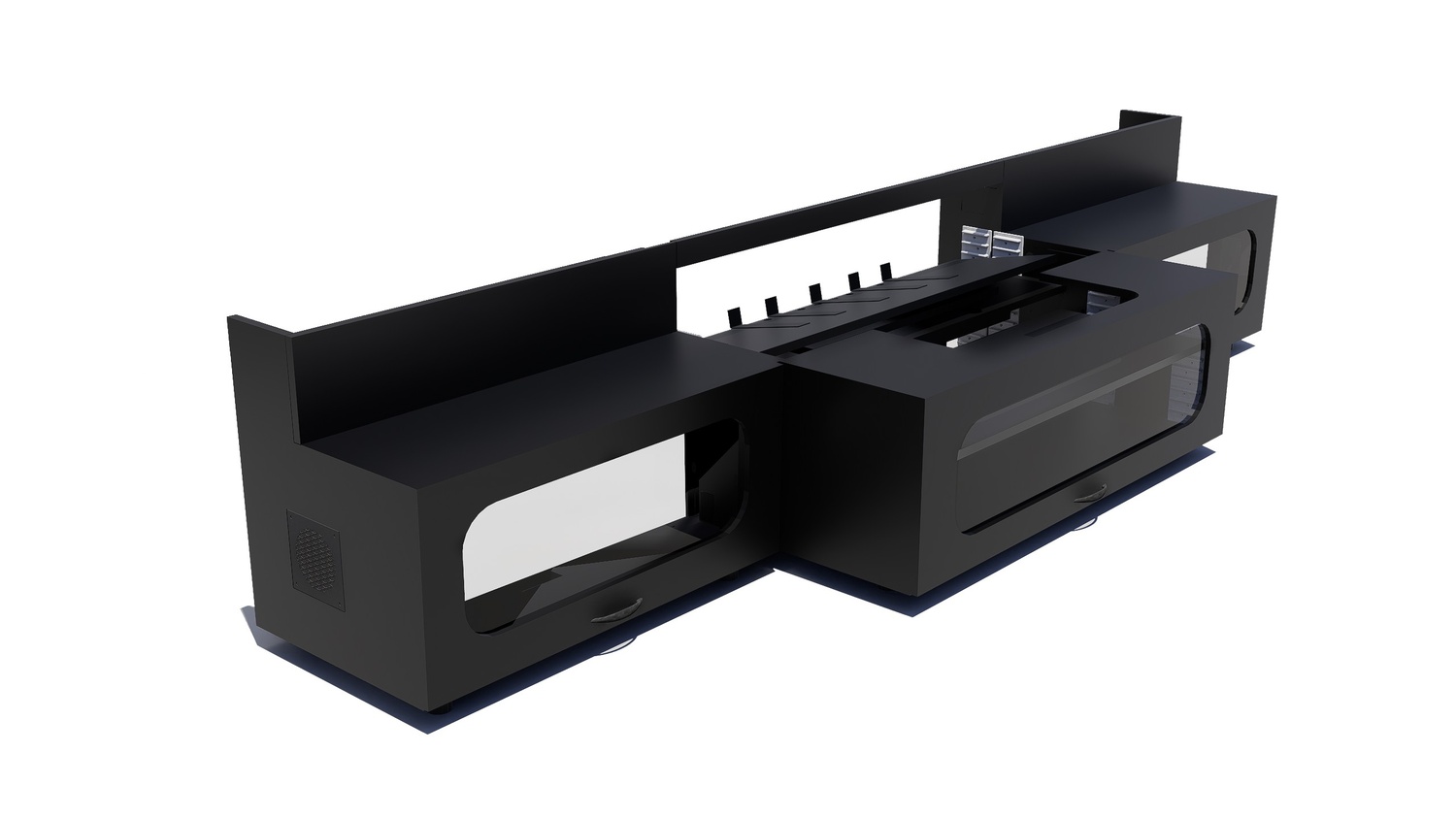 High Profile Black Cabinet designed for integrating Ultra Short Throw Projector,Center Channel and Floor raising screen with elegant doors.