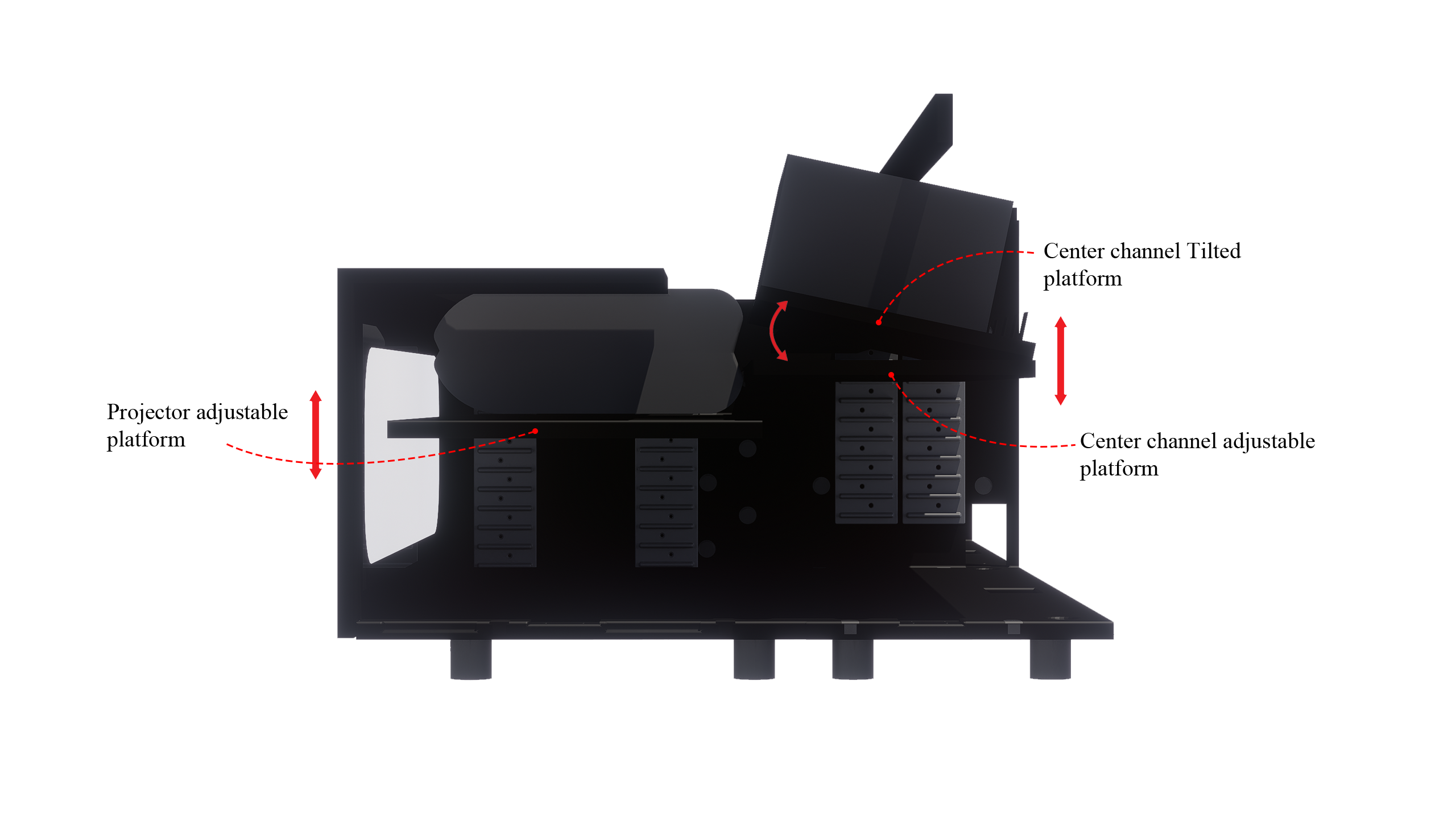 High Profile Black Cabinet designed for integrating Ultra Short Throw Projector,Center Channel and Floor raising screen with elegant doors.
