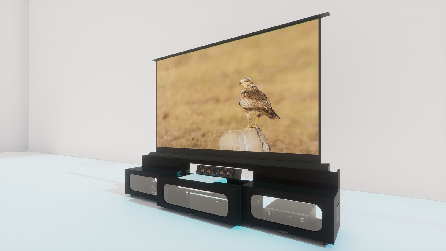 High Profile Black Cabinet designed for integrating Ultra Short Throw Projector,Center Channel and Floor raising screen with elegant doors.