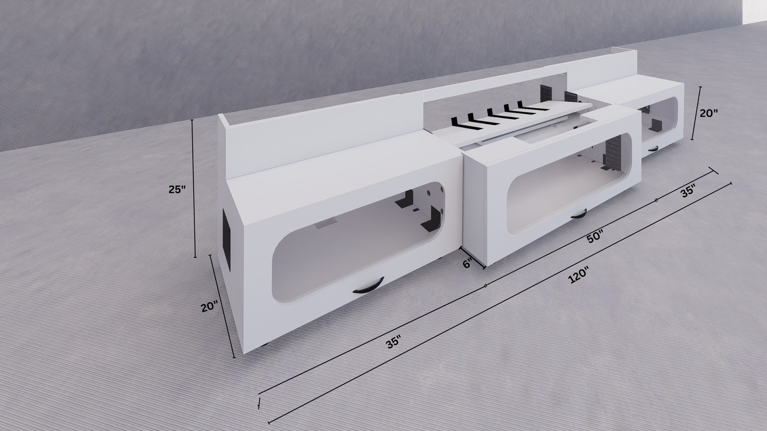 High Profile White Cabinet designed for integrating Ultra Short Throw Projector,Center Channel and Floor raising screen with elegant doors.