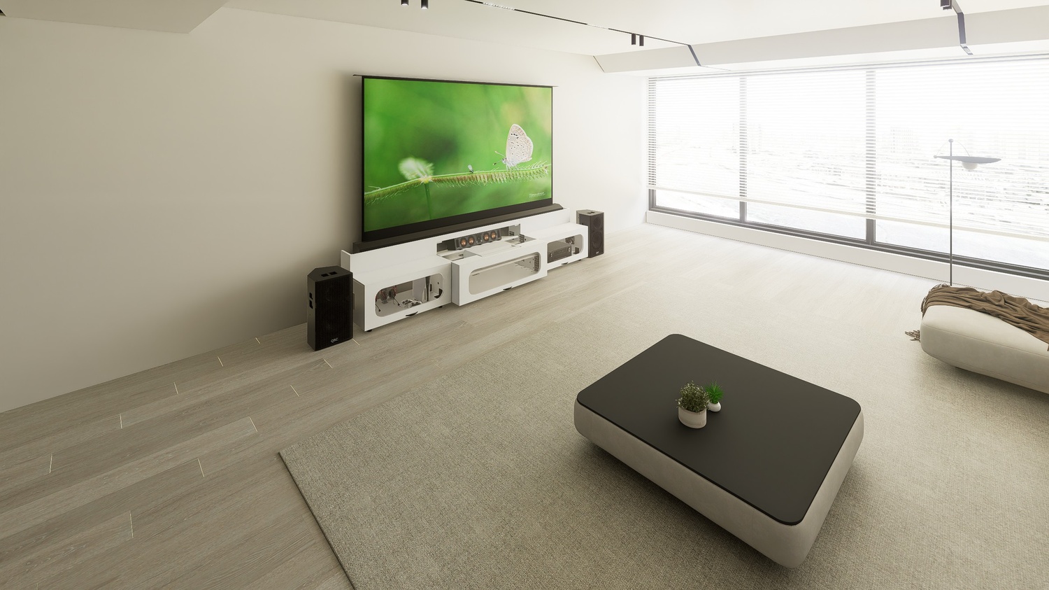 High Profile White Cabinet designed for integrating Ultra Short Throw Projector,Center Channel and Floor raising screen with elegant doors.