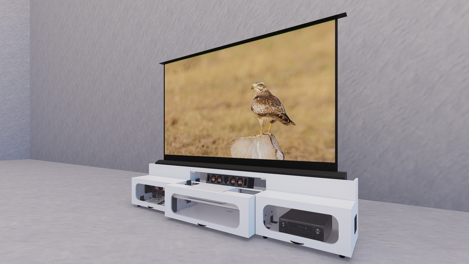 High Profile White Cabinet designed for integrating Ultra Short Throw Projector,Center Channel and Floor raising screen with elegant doors.