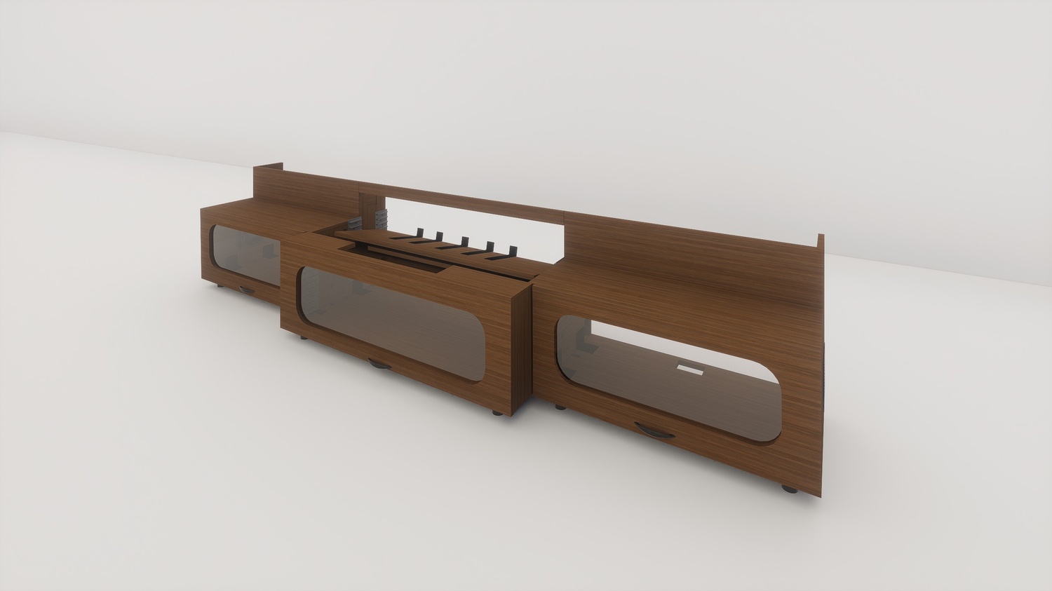 High Profile Sierra walnut Cabinet designed for integrating Ultra Short Throw Projector,Center Channel and Floor raising screen with elegant doors.