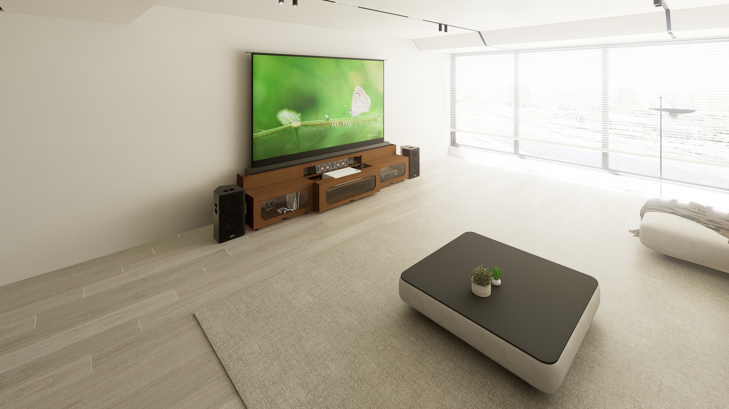 High Profile Sierra walnut Cabinet designed for integrating Ultra Short Throw Projector,Center Channel and Floor raising screen with elegant doors.