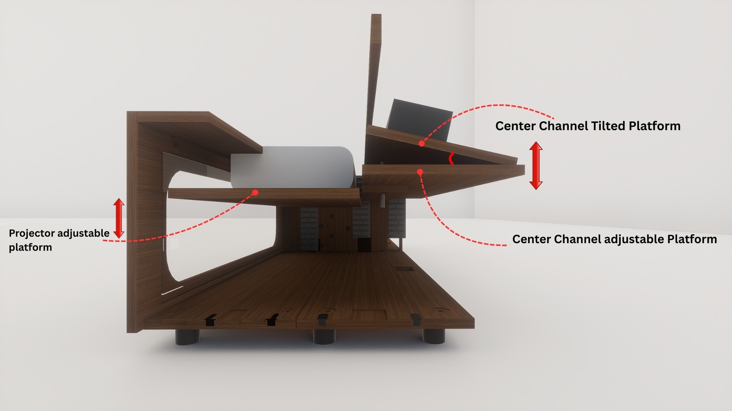 High Profile Sierra walnut Cabinet designed for integrating Ultra Short Throw Projector,Center Channel and Floor raising screen with elegant doors.