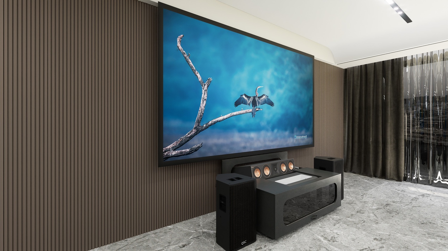 High Profile Core Black Cabinet designed for integrating Ultra Short Throw Projector,Center Channel and Fixed screen with elegant doors.