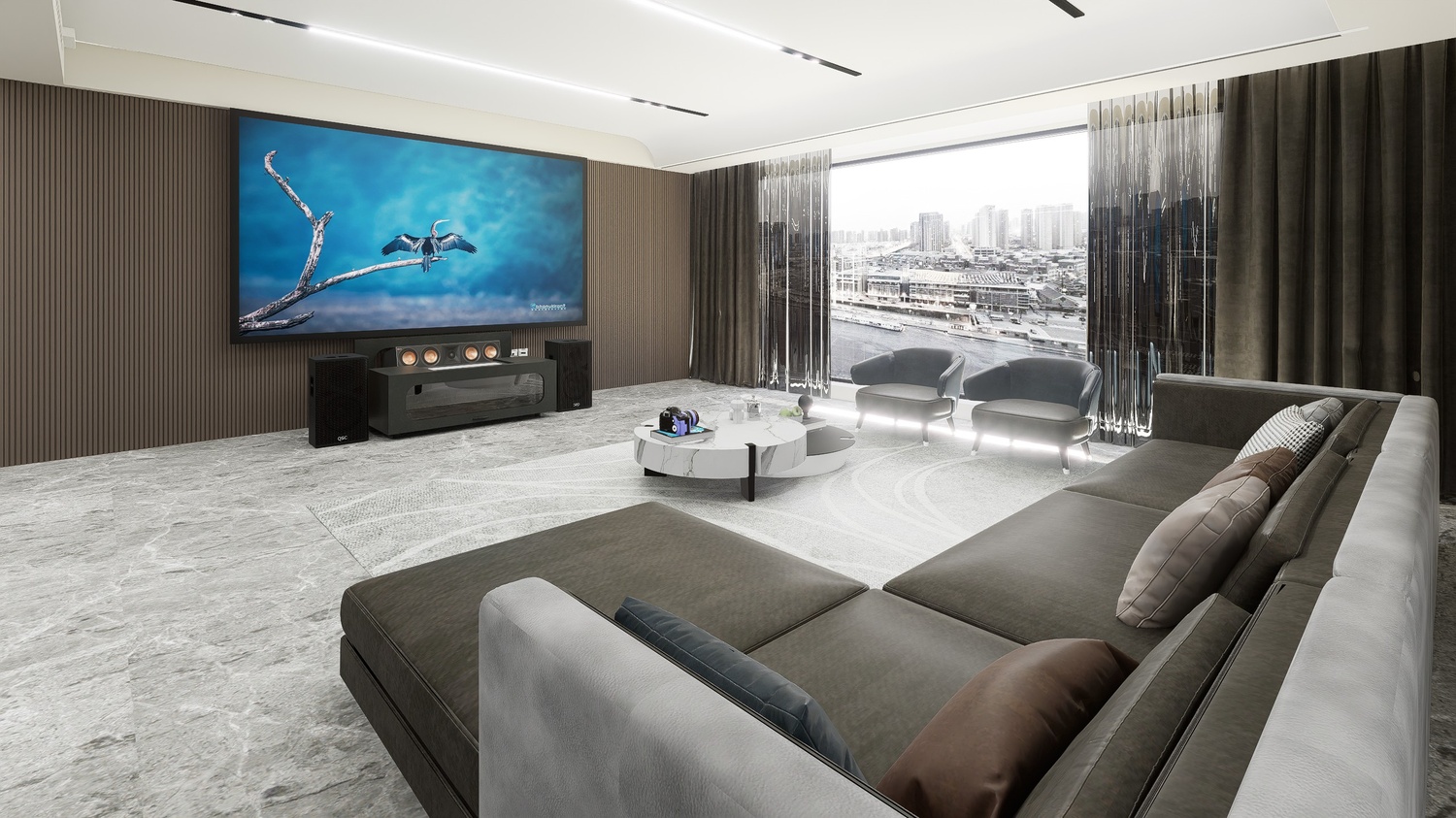 High Profile Core Black Cabinet designed for integrating Ultra Short Throw Projector,Center Channel and Fixed screen with elegant doors.