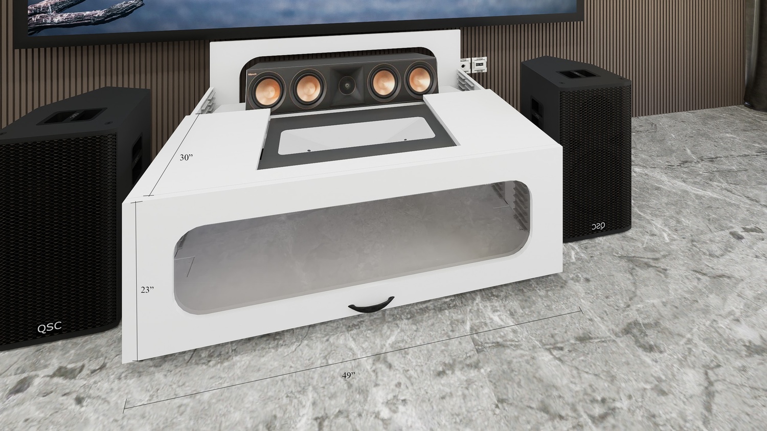 High Profile Core White Cabinet designed for integrating Ultra Short Throw Projector,Center Channel and Fixed screen with elegant doors.