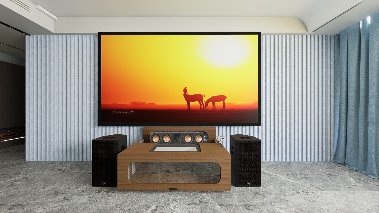 High Profile Core Sierra walnut Cabinet designed for integrating Ultra Short Throw Projector,Center Channel and Fixed screen with elegant doors.