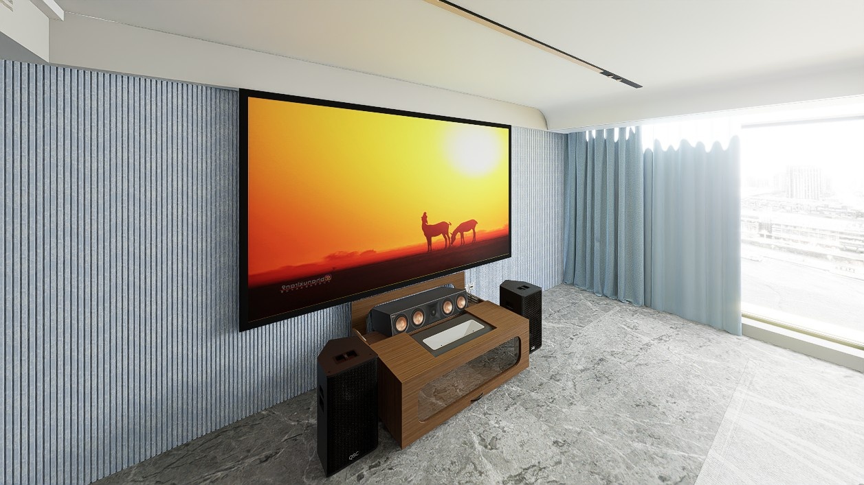 High Profile Core Sierra walnut Cabinet designed for integrating Ultra Short Throw Projector,Center Channel and Fixed screen with elegant doors.