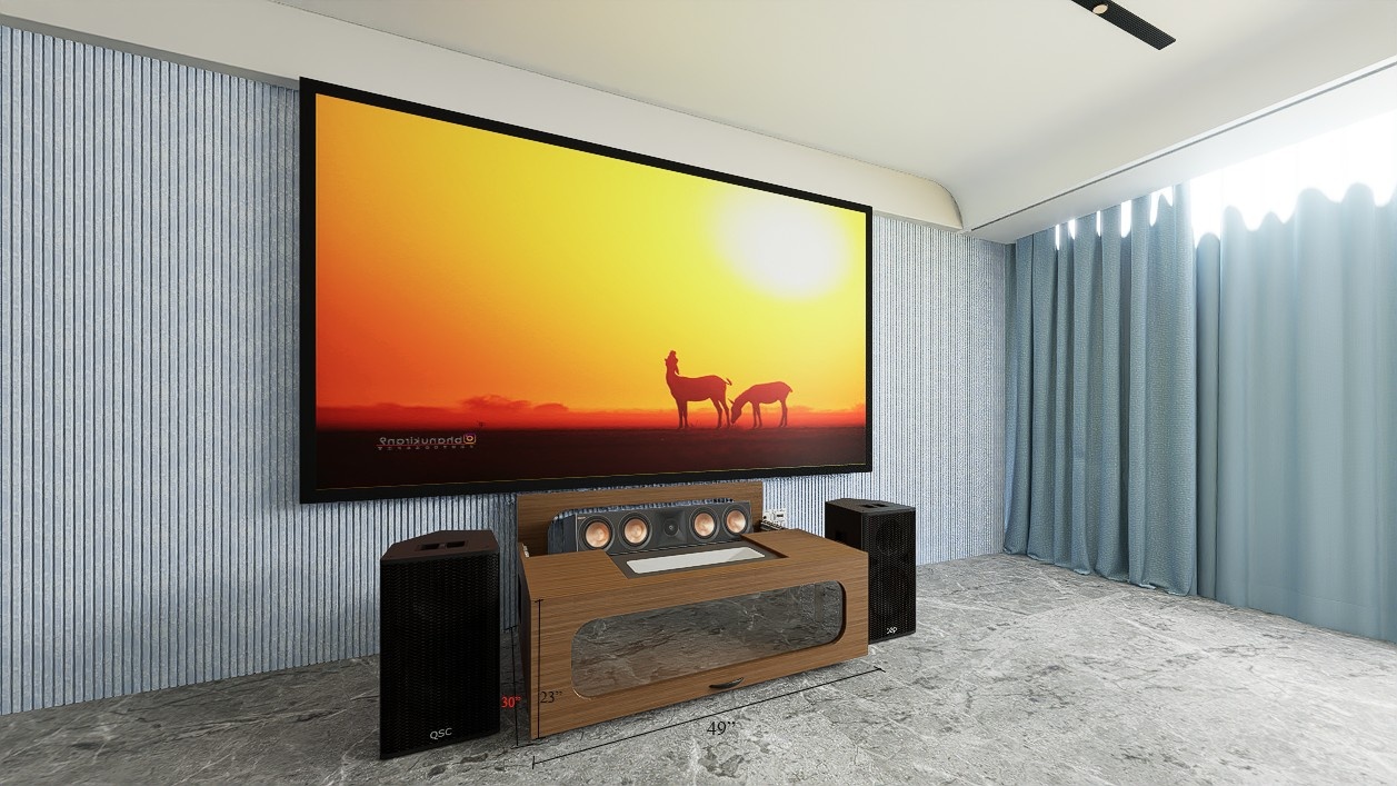 High Profile Core Sierra walnut Cabinet designed for integrating Ultra Short Throw Projector,Center Channel and Fixed screen with elegant doors.