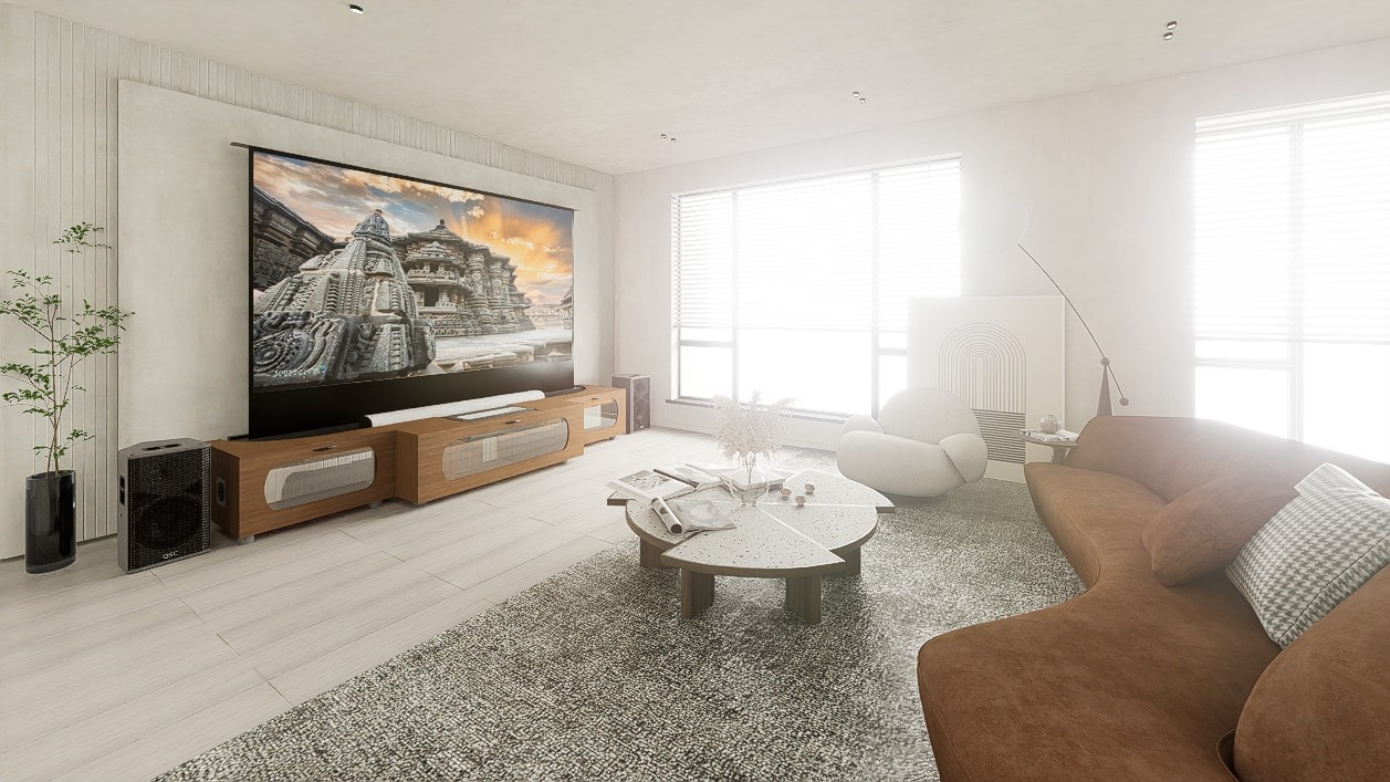 High Profile Sierra walnut Cabinet designed for integrating Ultra Short Throw Projector,Center Channel and 120" Floor raising screen with elegant doors.