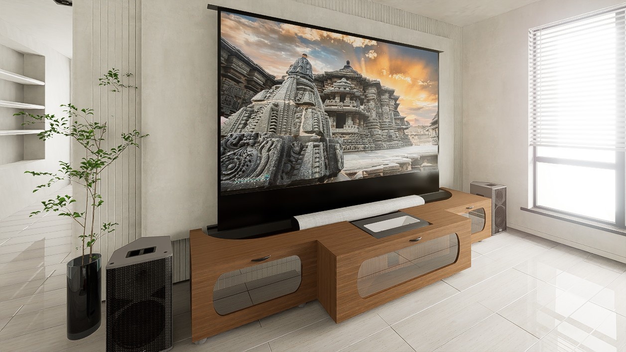 High Profile Sierra walnut Cabinet designed for integrating Ultra Short Throw Projector,Center Channel and 120" Floor raising screen with elegant doors.