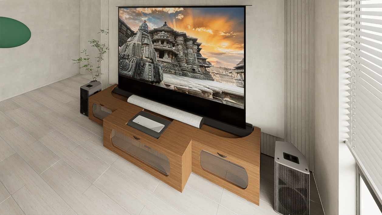 High Profile Sierra walnut Cabinet designed for integrating Ultra Short Throw Projector,Center Channel and 120" Floor raising screen with elegant doors.