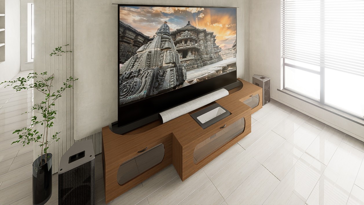 High Profile Sierra walnut Cabinet designed for integrating Ultra Short Throw Projector,Center Channel and 120" Floor raising screen with elegant doors.