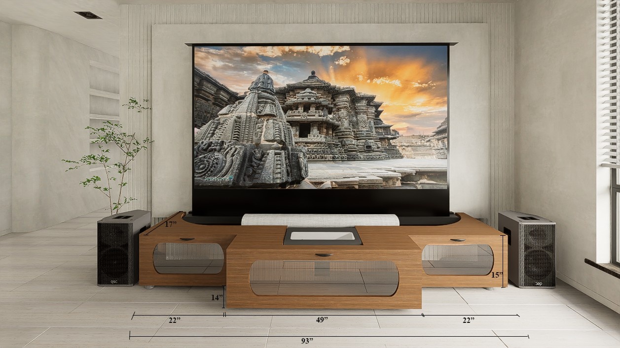 High Profile Sierra walnut Cabinet designed for integrating Ultra Short Throw Projector,Center Channel and 120" Floor raising screen with elegant doors.