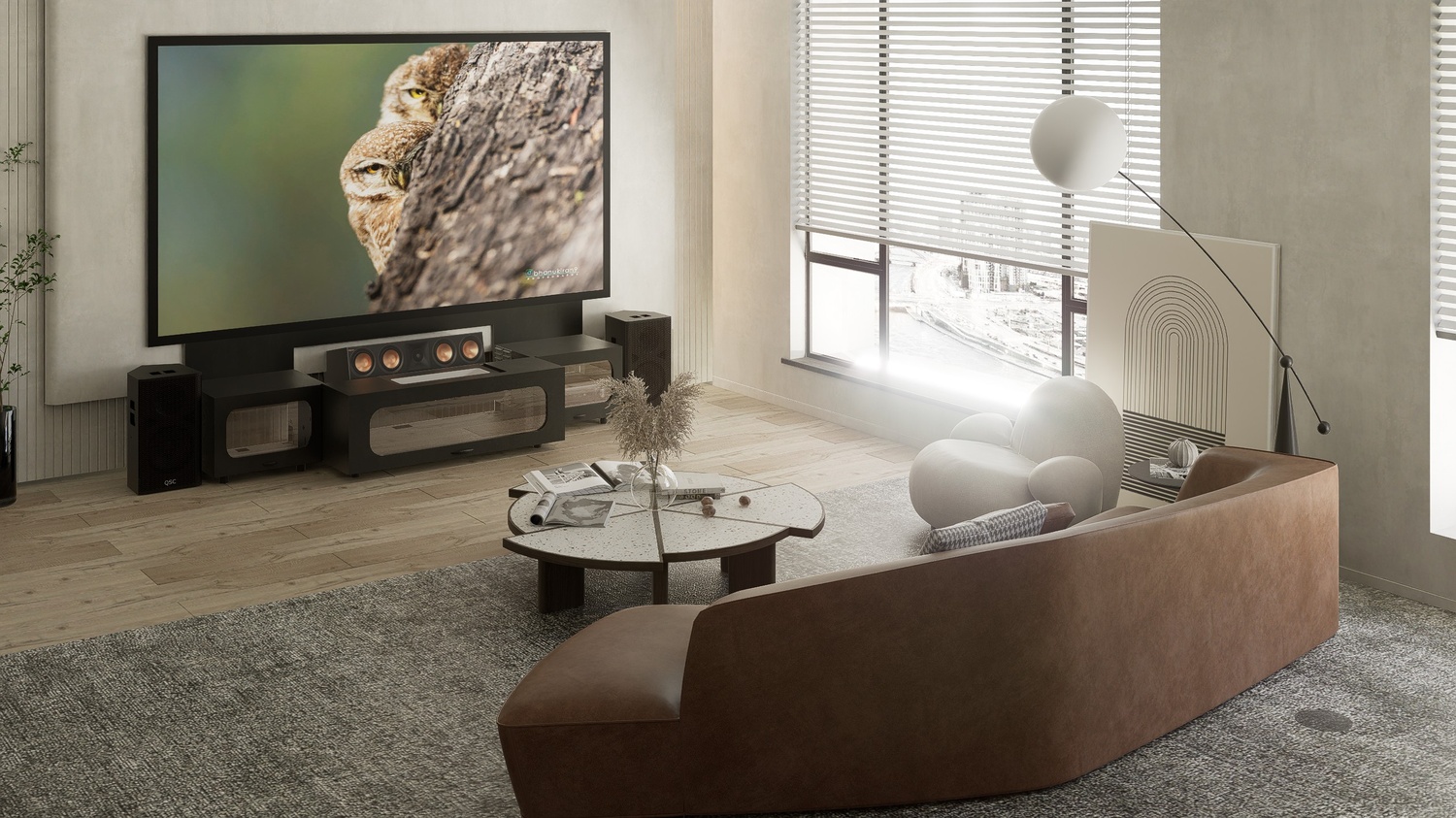 High Profile Black Cabinet designed for integrating Ultra Short Throw Projector,Center Channel and Fixed screen with elegant doors.