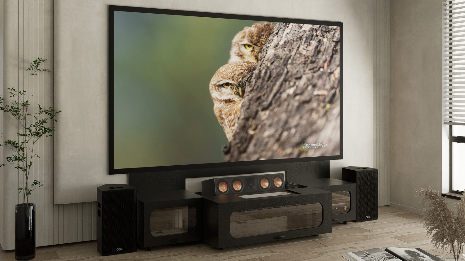 High Profile Black Cabinet designed for integrating Ultra Short Throw Projector,Center Channel and Fixed screen with elegant doors.