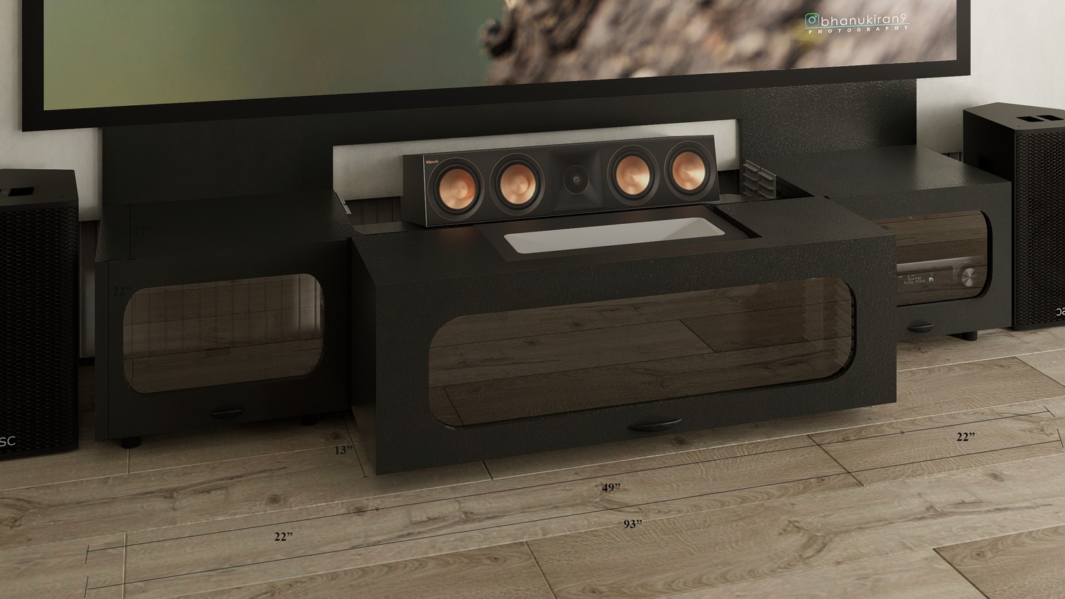 High Profile Black Cabinet designed for integrating Ultra Short Throw Projector,Center Channel and Fixed screen with elegant doors.