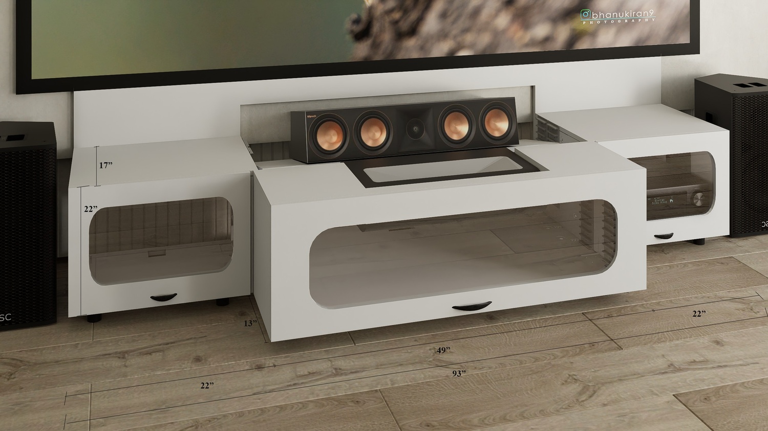 High Profile White Cabinet designed for integrating Ultra Short Throw Projector,Center Channel and Fixed screen with elegant doors.