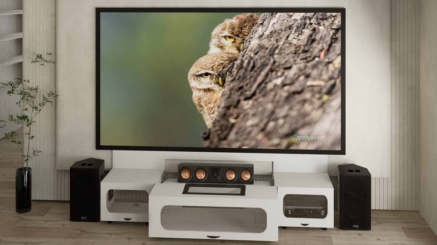 High Profile White Cabinet designed for integrating Ultra Short Throw Projector,Center Channel and Fixed screen with elegant doors.